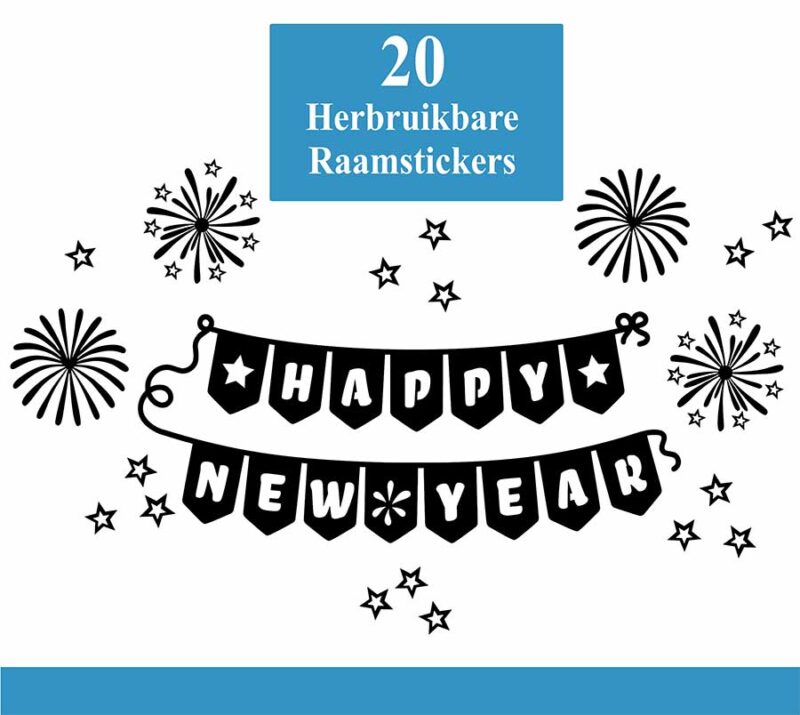 Raamsticker met de tekst happy new year en vuurwerk