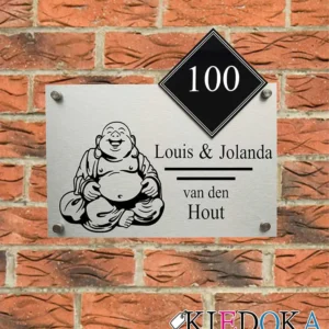 Naambord boeddha en huisnummer in de kleur rvs