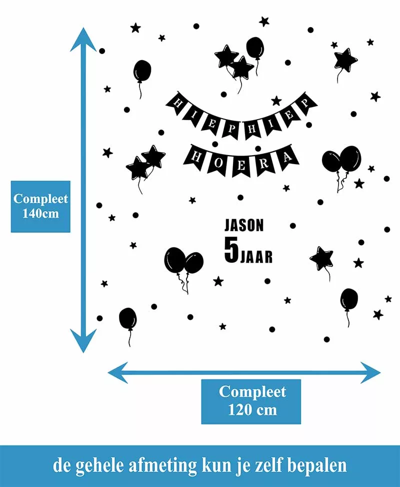 Raamsticker Verjaardag Hiep Hoara Ballonen Vlaggetjes Sterren Versiering Afmeting Zwart jpg
