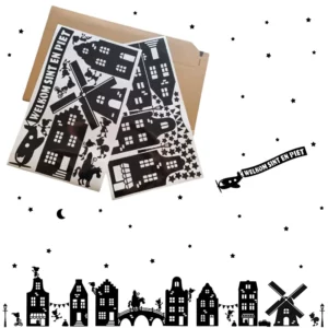 Raamstickers Sinterklaas 60-delig in de kleur zwart met huisjes, molen, vliegtuig met de tekst welkom sint en piet