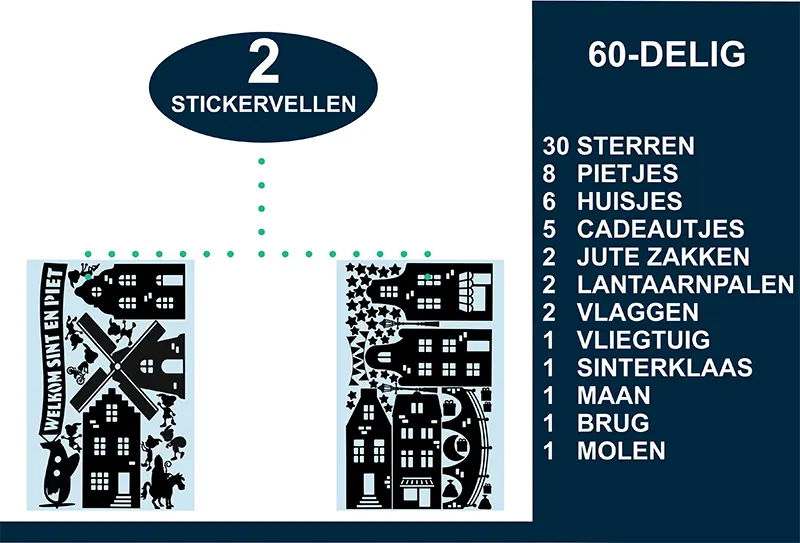 Raamstickers Sinterklaas Huisjes Vliegtuig Pieten 60delig kopieren