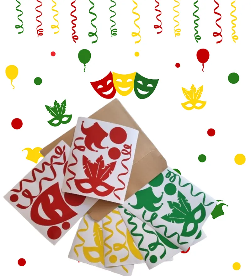Raamstickers carnaval versiering in de kleuren rood, geel en groen