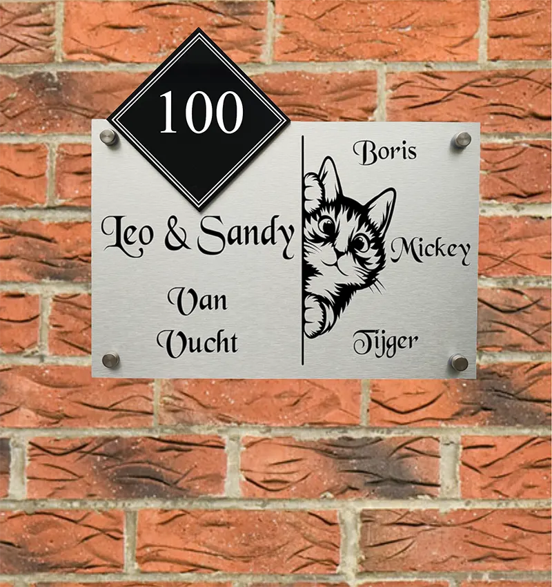 rvs naambord met een glurende kat namen en huisnummer