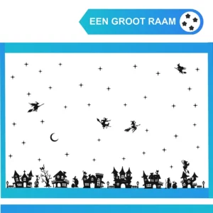 Raamstickers Halloween, huisjes en Heksen op een grote raam