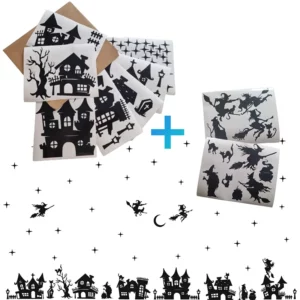 Raamstickers, Halloween huisjes met heksen in de kleur zwart