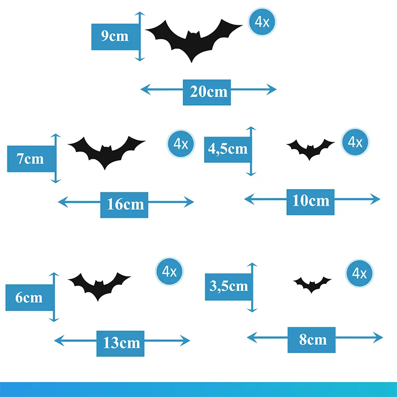 Raamstickers vleermuizen zwart met de afmetingen