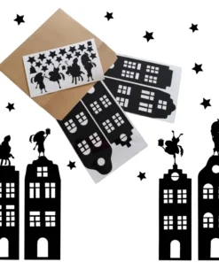 Raamstickers Sinterklaas huisjes 25-delig XL of XXL met Sinterklaas en Pietjes