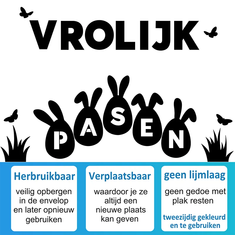 Raamstickers-Vrolijk-Pasen-Paaseitjes-Gras-Vlinders-USP Raamstickers Vrolijk Pasen Paaseitjes Gras Vlinders USP