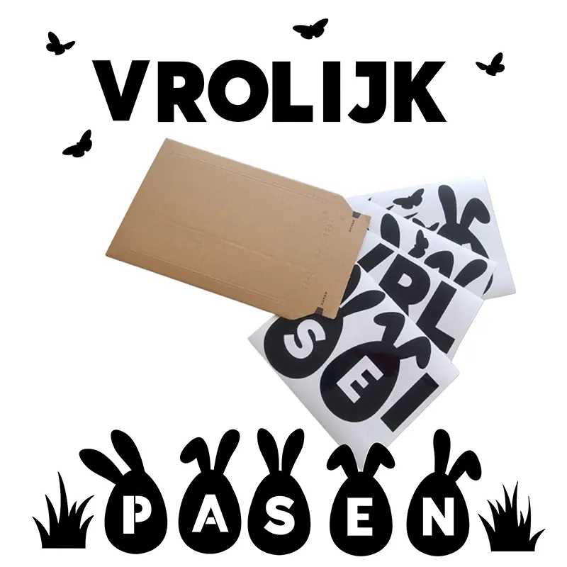 Raamstickers-Vrolijk-Pasen-Paaseitjes-Gras-Vlinders-Zwart Raamstickers vrolijk pasen eieren in de kleur zwart