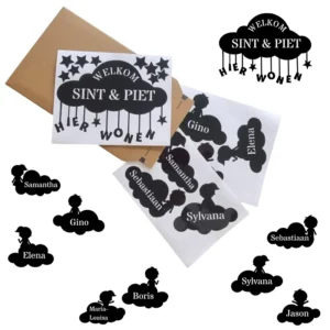 Stickers - Kiedoka 17 Raamstickers sinterklaas met naam in wolkjes een zwarte sinterklaas decoratie met naam
