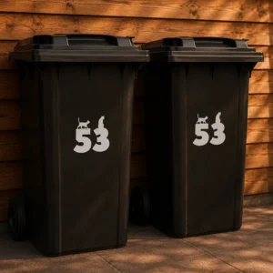 twee zwarte kliko's met een katten huisnummer erop