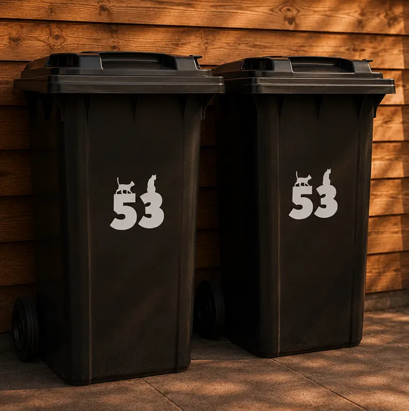 twee zwarte kliko's met een katten huisnummer erop