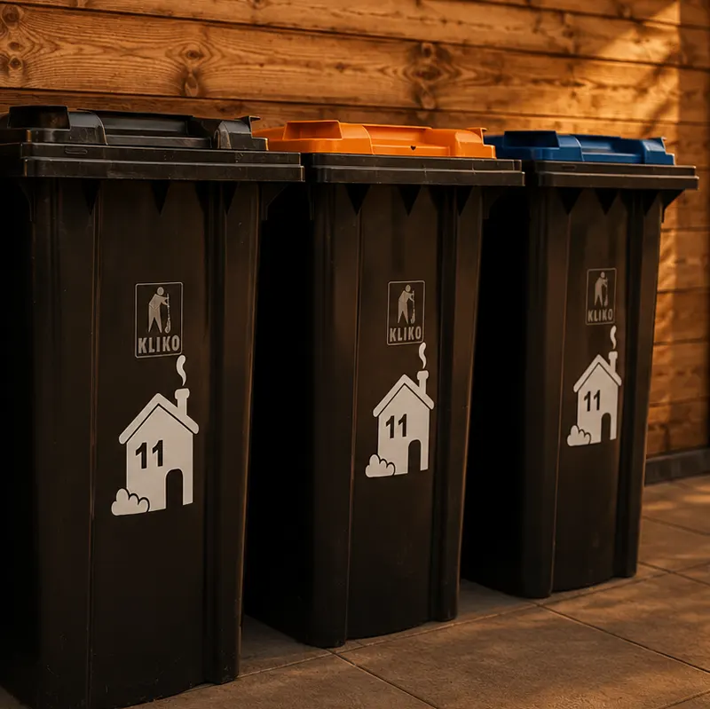 Kliko stickers huisje geplakt op 3 verschillende kliko's