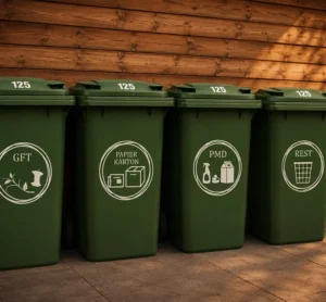 vier verschillende stickers op een kliko voor restafval, gft, pmd en papier met huisnummers op een deksel