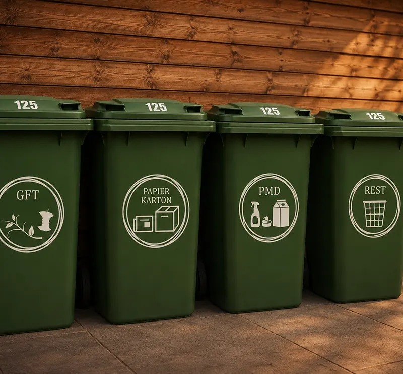 vier verschillende stickers op een kliko voor restafval, gft, pmd en papier met huisnummers op een deksel