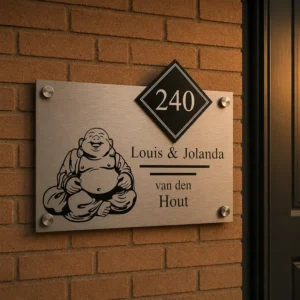 RVS naambord met een boeddha erop en huisnummer naast een voordeur