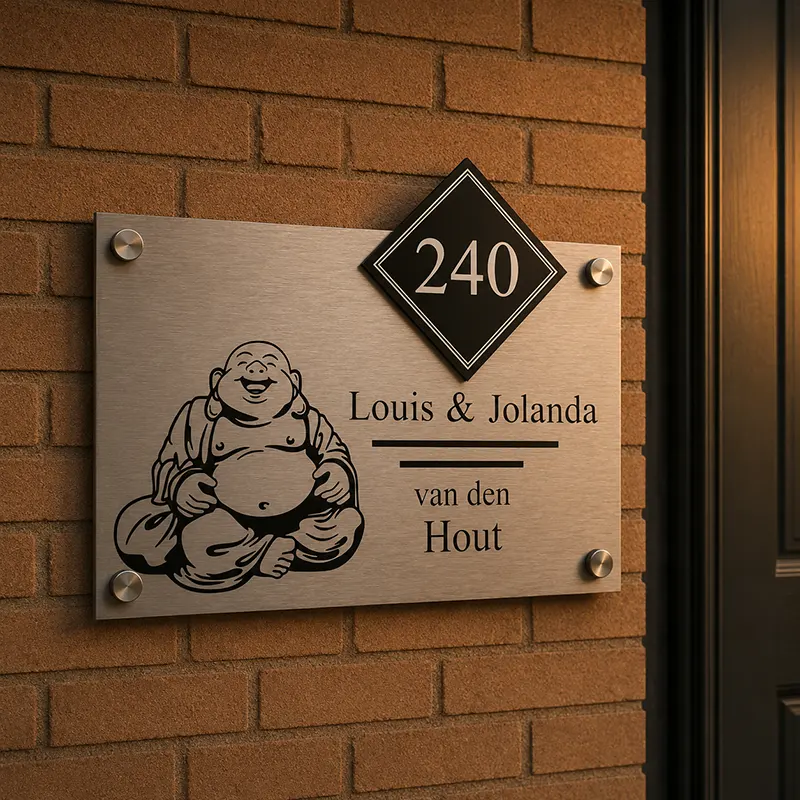 RVS naambord met een boeddha erop en huisnummer naast een voordeur