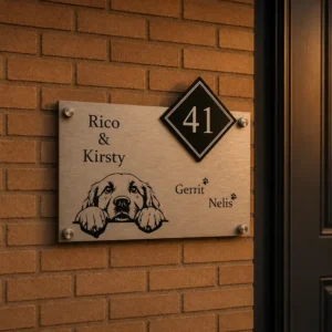 rvs naambordje met een glurende hond erop naast een voordeur
