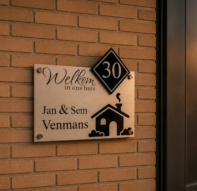 RVS Naambordje met een huisje en tekst welkom in ons huis naast een voordeur