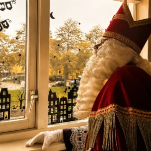Sinterklaas huisjes op het raam en sinterklaas kijkt erna